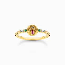 Clearance Bague arborant un palmier et des gemmes multicolores dorée Femme Bagues|Placage Or 18 Carats - Argent 925