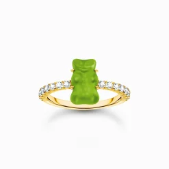 Flash Sale Bague avec mini Ours d’or vert et pierres, dorée Femme Bagues|Placage Or 18 Carats - Argent 925