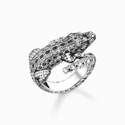 Shop Bague crocodile, argent noirci et gemmes noires et vertes Femme Bagues|Bagues