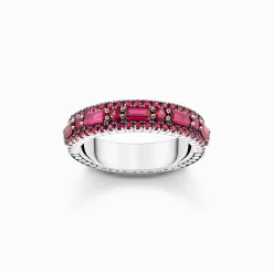 Fashion Bague en argent noirci avec pierres rouges rubis Femme Bagues|Bagues