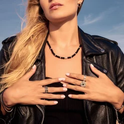 Online Bague noirci liens avec pierres noires Femme Bagues|Bagues