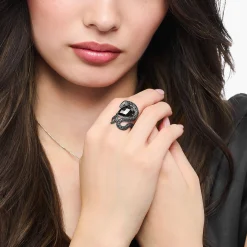 Hot Bague serpent en argent noirci avec zircon noir en forme de goutte Femme Bagues|Argent 925