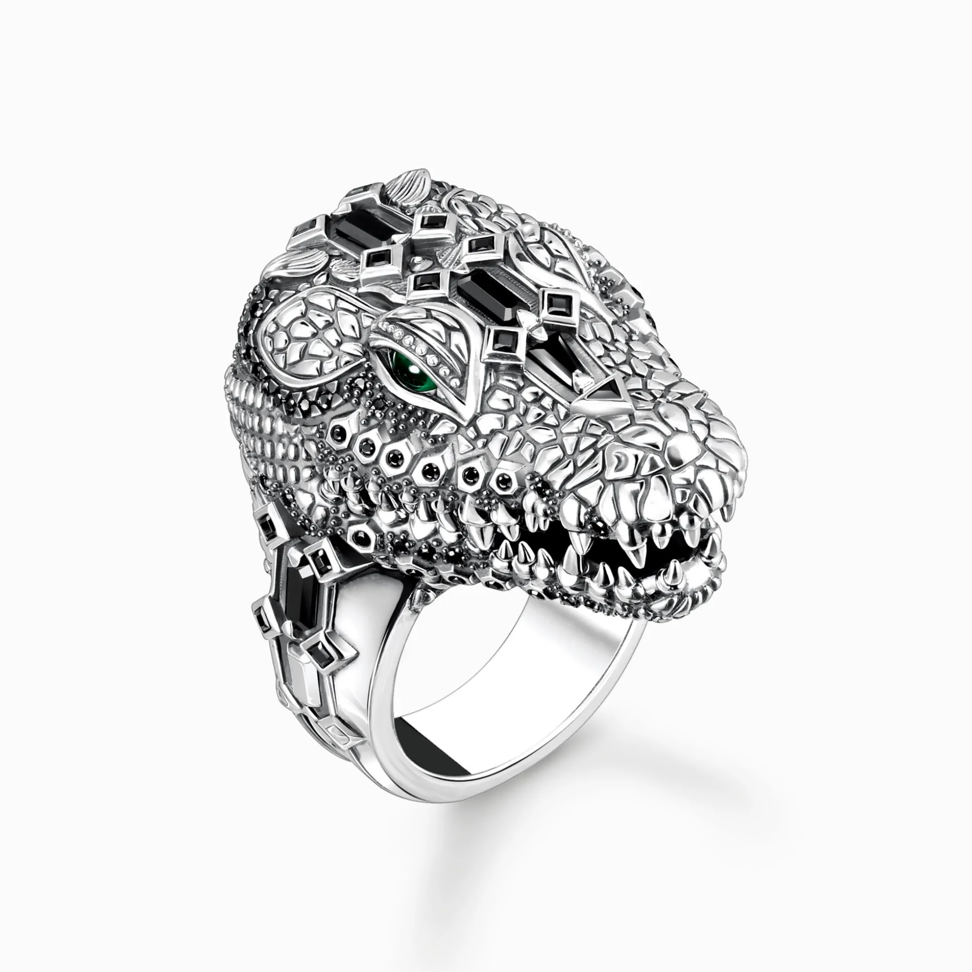 Clearance Bague tête de crocodile, argent noirci et gemmes noires et vertes Femme Bagues|Bagues