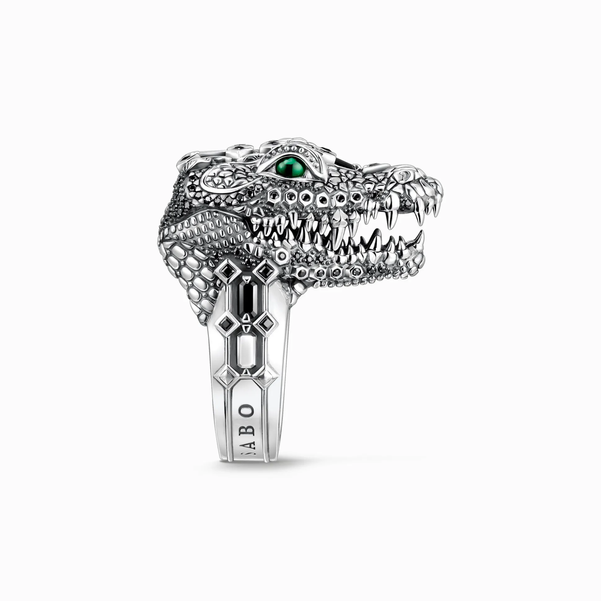 Clearance Bague tête de crocodile, argent noirci et gemmes noires et vertes Femme Bagues|Bagues