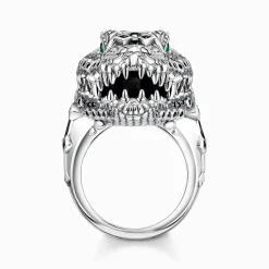 Clearance Bague tête de crocodile, argent noirci et gemmes noires et vertes Femme Bagues|Bagues
