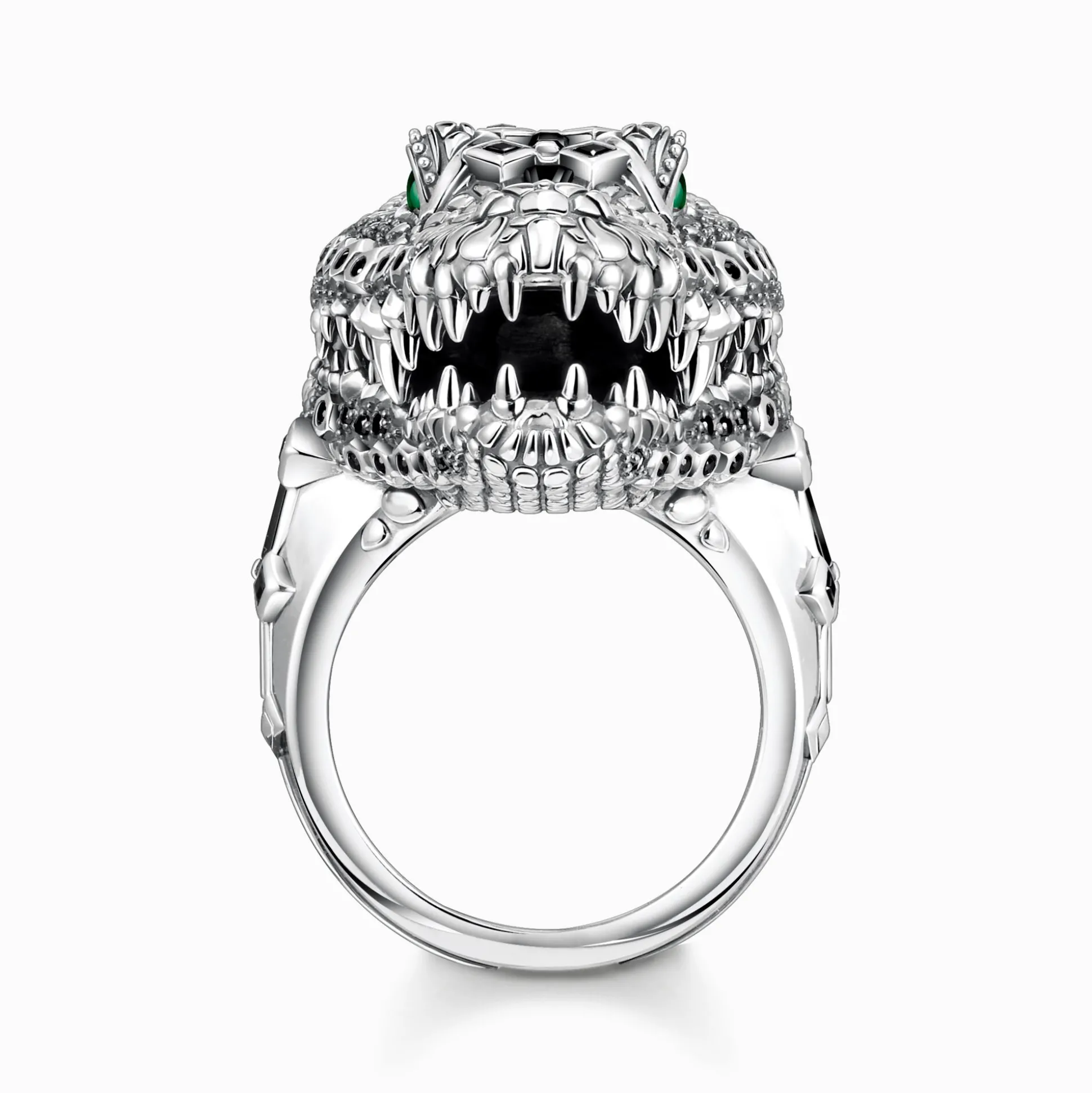 Clearance Bague tête de crocodile, argent noirci et gemmes noires et vertes Femme Bagues|Bagues
