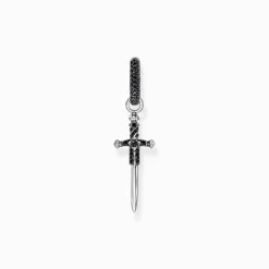New Boucle d'oreille simple en argent noirci avec épée et pierres noires Femme Créoles|Argent 925