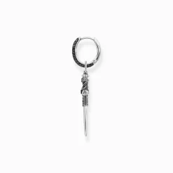New Boucle d'oreille simple en argent noirci avec épée et pierres noires Femme Créoles|Argent 925