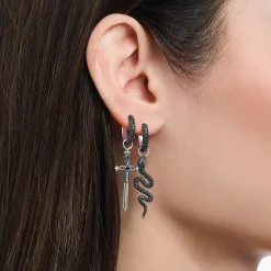 New Boucle d'oreille simple en argent noirci avec épée et pierres noires Femme Créoles|Argent 925