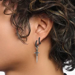 New Boucle d'oreille simple en argent noirci avec épée et pierres noires Femme Créoles|Argent 925