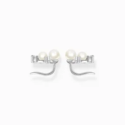 Fashion Boucles d'oreilles grimpante perles avec pierres blanches argent Femme Boucles D'oreilles|Clous D'oreilles