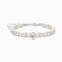 Sale Bracelet à Charms, perles blanches ovales et argent Femme Charm Bracelets|Charm Bracelets