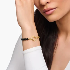 Online Bracelet arborant des Beads en onyx et des maillons plaqué or Femme Bracelets|Placage Or 18 Carats - Argent 925