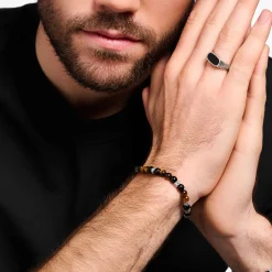 Store Bracelet avec noires beads de onyx et oeil-de-tigre beads argent Femme Bracelets|Bracelets