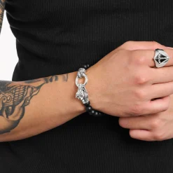 Shop Bracelet avec perles d'obsidienne noire et fermoir dragon Femme Bracelets|Argent 925