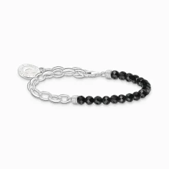 Store Bracelet Charm avec noir beads en obsidienne et médaille argent Femme Charm Bracelets|Charm Bracelets