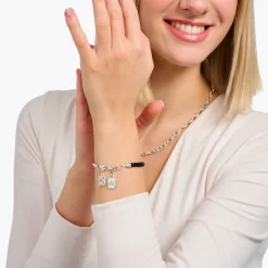 Store Bracelet Charm avec noir beads en obsidienne et médaille argent Femme Charm Bracelets|Charm Bracelets