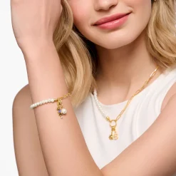 Discount Bracelet Charm avec perles blanches et médaille plaqué or Femme Charm Bracelets|Charm Bracelets