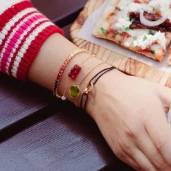 Clearance Bracelet textile noir et anneaux plaqués or, gemmes multicolores Femme Bracelets
