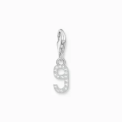 Fashion Breloque Charm chiffre 9 en argent, ornée de pierres blanches Femme Charms|Charms