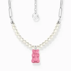 Flash Sale Chaîne à maillons avec breloque Ours d’Or rose et perles, argent Femme Chaînes & Colliers|Chaînes & Colliers