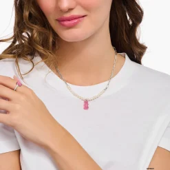 Flash Sale Chaîne à maillons avec breloque Ours d’Or rose et perles, argent Femme Chaînes & Colliers|Chaînes & Colliers