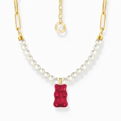Fashion Chaîne à maillons avec breloque Ours d’or rouge et perles, dorée Femme Chaînes & Colliers|Placage Or 18 Carats - Argent 925