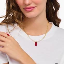 Fashion Chaîne à maillons avec breloque Ours d’or rouge et perles, dorée Femme Chaînes & Colliers|Placage Or 18 Carats - Argent 925
