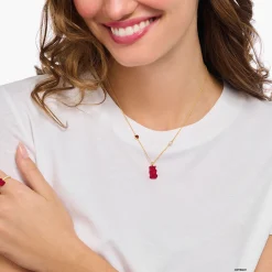Fashion Chaîne avec breloque Ours d’or rouge, cœur et perle, dorée Femme Chaînes & Colliers|Placage Or 18 Carats - Argent 925