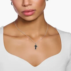 Best Sale Chaîne croix avec pierres noires argent Femme Chaînes & Colliers