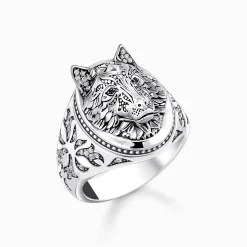 Cheap Chevalière loup sertie de gemmes, argent noirci Femme Bagues|Bagues