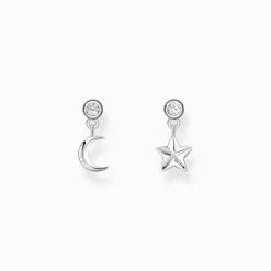Clearance Clous d’oreilles avec pendentif lune et étoile et gemmes blanches, argent Femme Clous D'oreilles|Argent 925