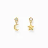 Store Clous d’oreilles avec pendentif lune et étoile et gemmes blanches, dorés Femme Clous D'oreilles|Placage Or 18 Carats - Argent 925
