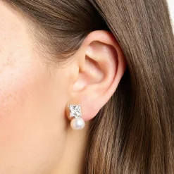 Best Sale Clous d'oreilles perle avec pierre blanche argent Femme Clous D'oreilles