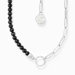 Fashion Collier à maillons en argent avec perles d'obsidienne noire Femme Charm Chaînes|Charm Chaînes