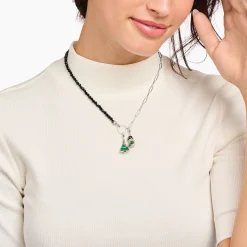 Fashion Collier à maillons en argent avec perles d'obsidienne noire Femme Charm Chaînes|Charm Chaînes