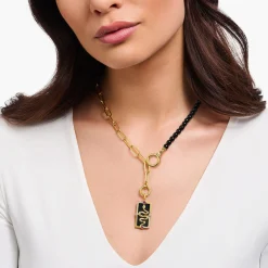 Store Collier arborant des Beads en onyx et une chaîne à maillons plaqué or Femme Chaînes & Colliers|Placage Or 18 Carats - Argent 925