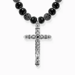 Store Collier argenté noirci composé de perles noires avec pendentif croix Femme Chaînes & Colliers|Chaînes & Colliers