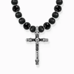 New Collier argenté noirci composé de perles noires avec pendentif croix Femme Chaînes & Colliers|Chaînes & Colliers