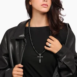 New Collier argenté noirci composé de perles noires avec pendentif croix Femme Chaînes & Colliers|Chaînes & Colliers