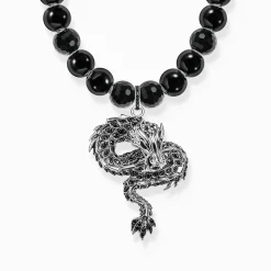 Fashion Collier argent noirci, perles d'obsidienne avec pendentif dragon Femme Chaînes & Colliers|Argent 925