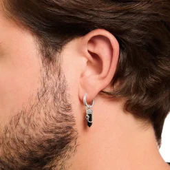 Best Sale Créole individuelle à breloque en onyx et chaînette, argent noirci Femme Créoles|Clous D’oreilles & Créoles