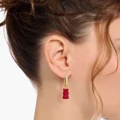 Cheap Créole individuelle avec breloque Ours d’or rouge en version moyenne et pierres, dorée Femme Créoles|Placage Or 18 Carats - Argent 925