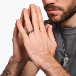 Cheap Large bague écailles de crocodile, argent noirci et gemmes noires Femme Bagues|Bagues