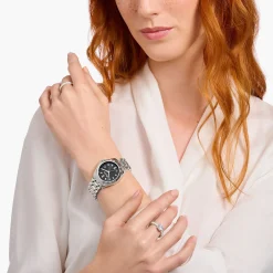 Outlet Montre pour femme Divine Silver avec cadran noir et pierres blanches argent Femme Montres|Montres Pour Femmes