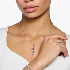 Shop Pendentif croix avec pierres multicolore argent Femme Chaînes & Colliers|Pendentifs