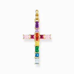New Pendentif croix avec pierres multicolore plaqué or Femme Chaînes & Colliers|Pendentifs