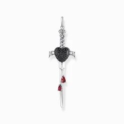 Best Sale Pendentif épée en argent noirci avec pierres noires et rouges Femme Pendentifs|Argent 925