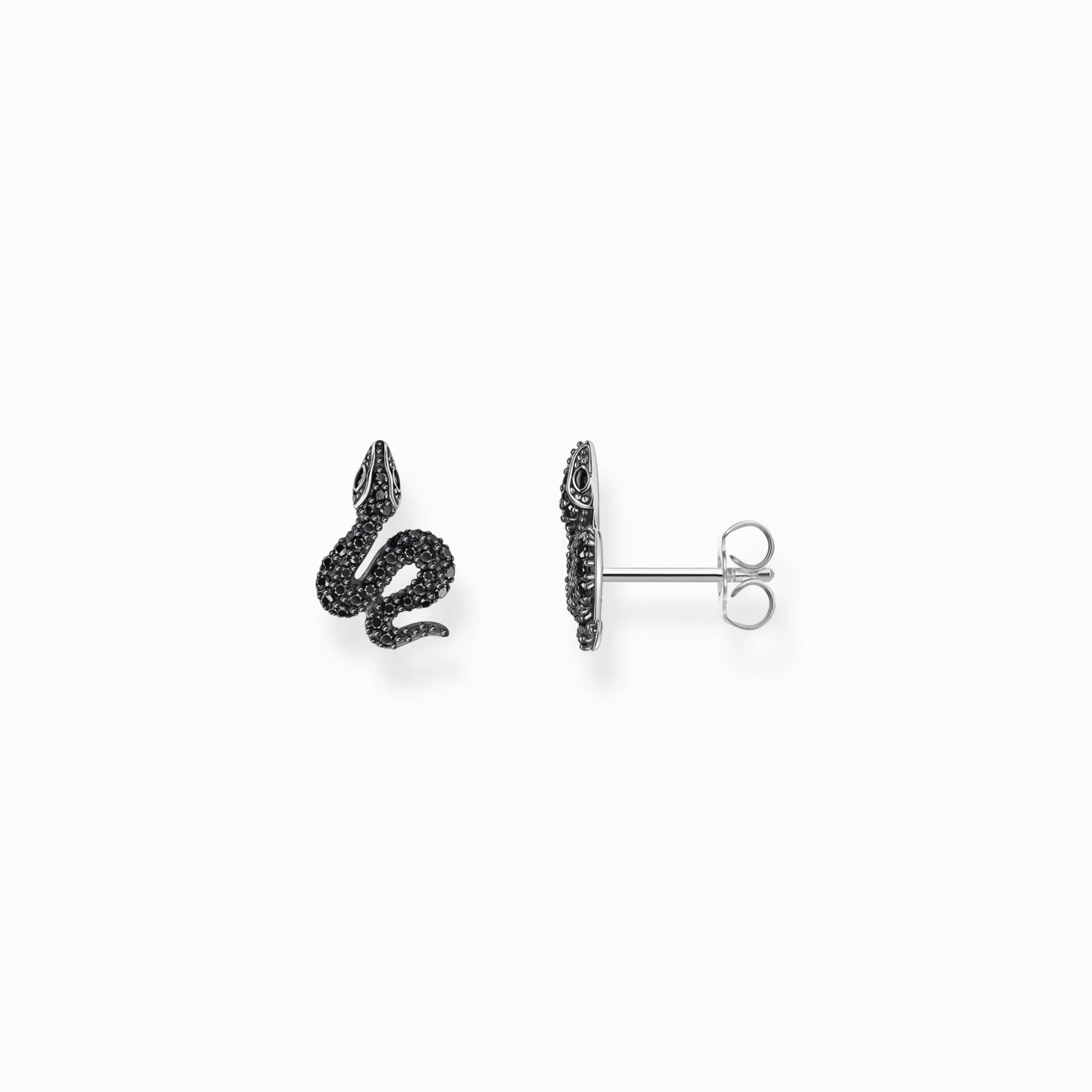 Clearance Petits clous d'oreilles en argent serpent noirci avec zircon noir Femme Clous D'oreilles|Argent 925